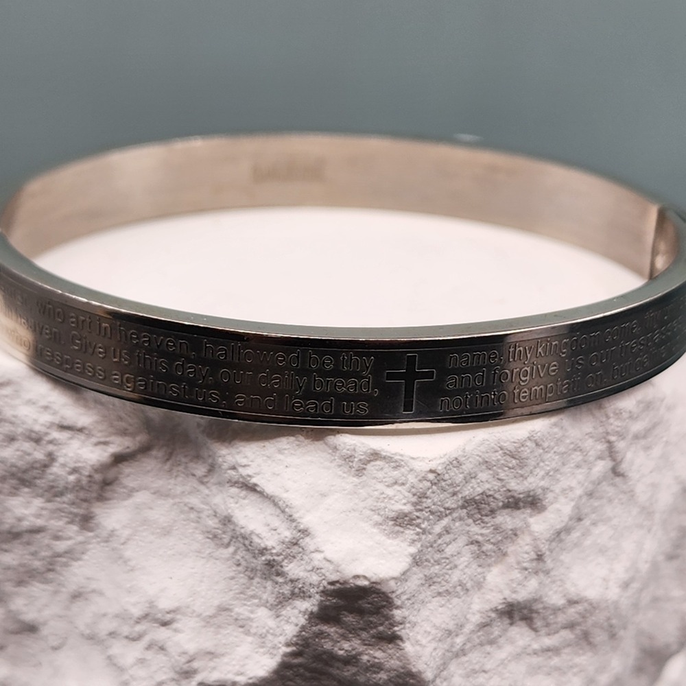 Stainless Steel Lord's Prayer Cross Hinged Bangle Bracelet Religious Christian